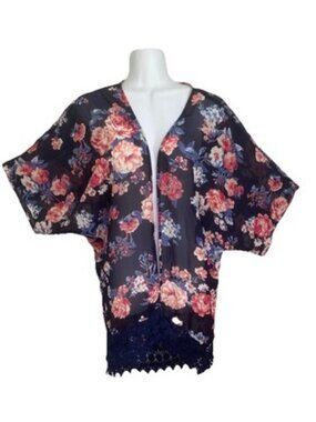 Love Fire Kimono XS Navy Pink Floral Lace Sheer Duster Cover Up Whimsy Goth Boho